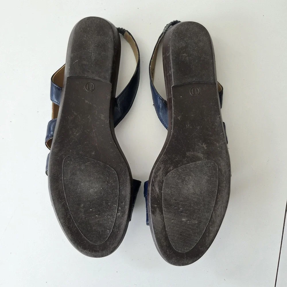 Vtg 90s Basic Editions Sandal Womens 11 Strappy‎ Navy Blue Faux Leather Flats